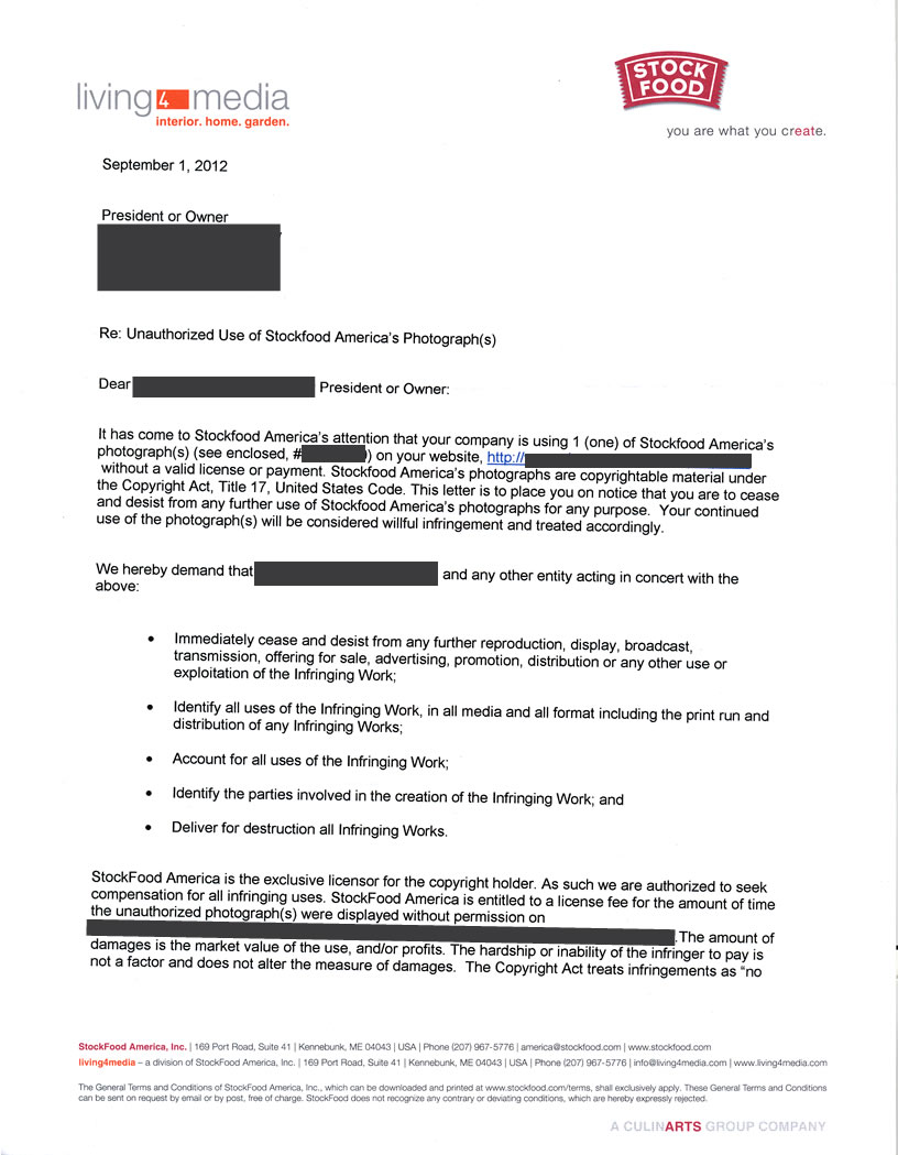 Stockfood Copyright Infringement Scam Letter Page 1